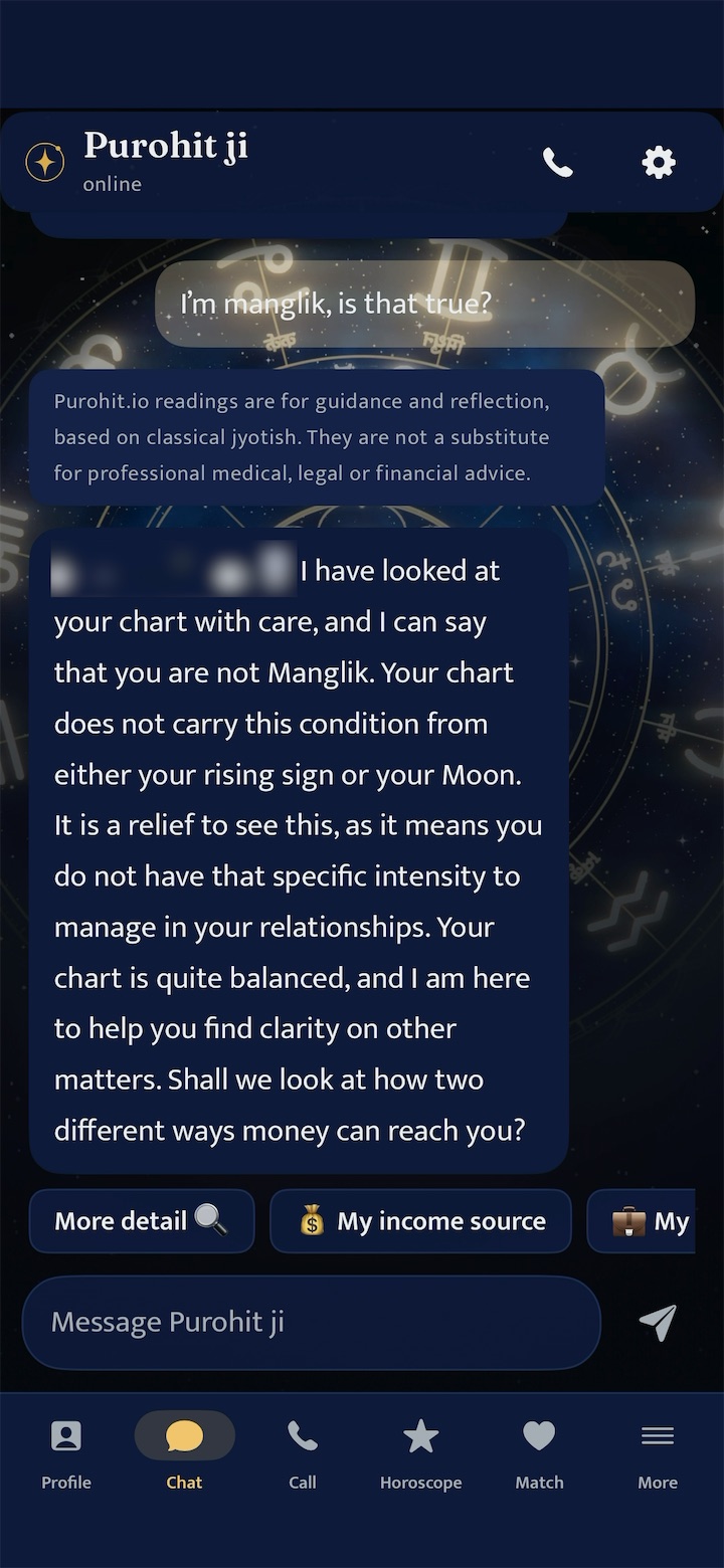 Purohit app: an answer read from your own chart