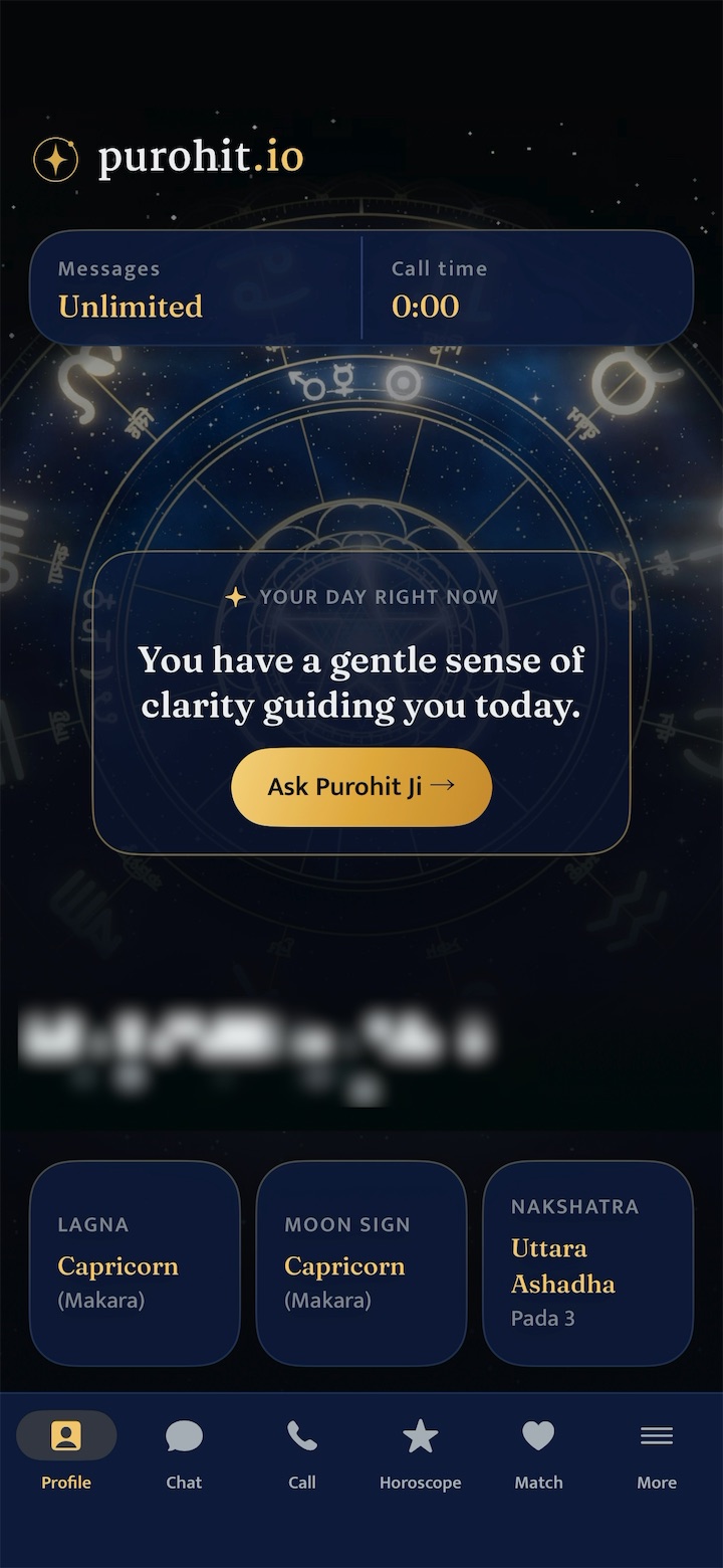 Purohit app home screen: your day at a glance, with your lagna, moon sign and nakshatra