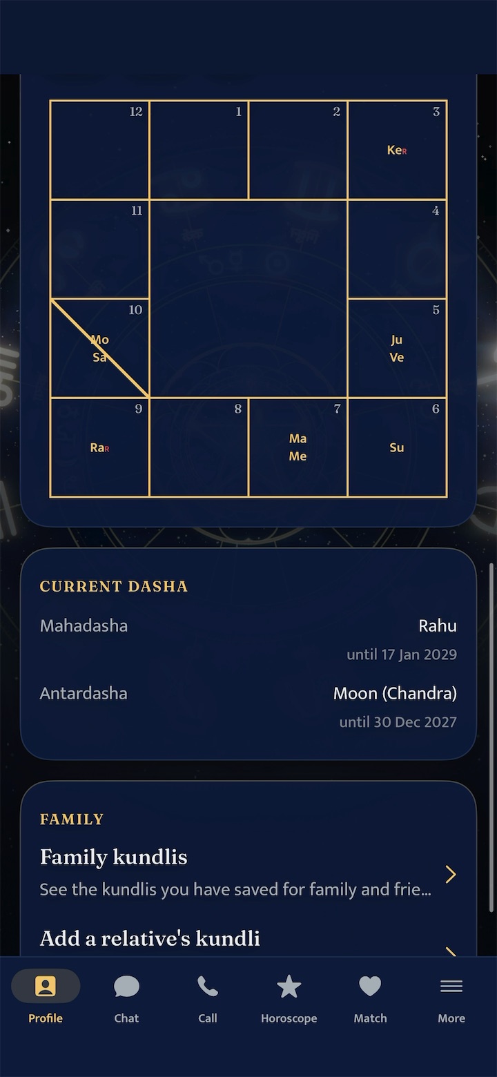 Purohit app: the computed kundli chart and current dasha