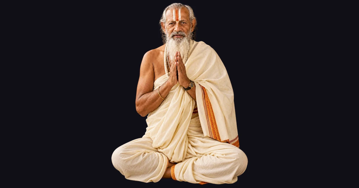 Illustrated portrait of Purohit Ji, the AI purohit persona, set against a dark background
