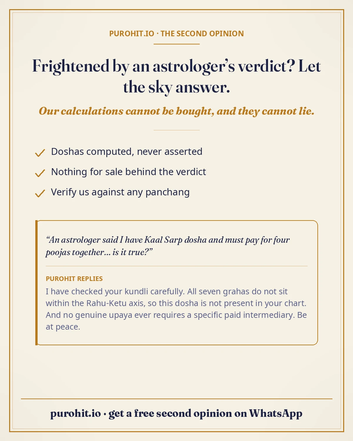 A calm chart card showing a computed Saturn transit timeline relative to a Moon sign, styled as a plain second opinion with no fear-based warnings or countdowns
